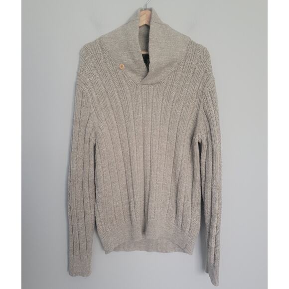J Crew Mens L Shawl Collar Sweater Cable Knit Suede Elbow Patches Oatmeal - Picture 1 of 12